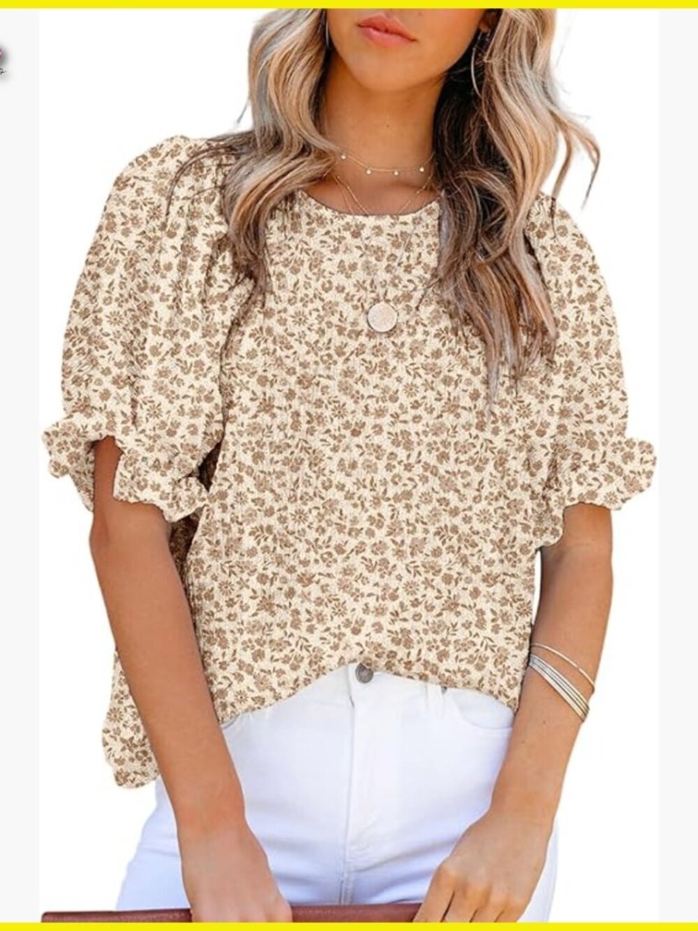 Floral Print Blouse Crewneck Smocked Puff Sleeve Babydoll Tunic Top